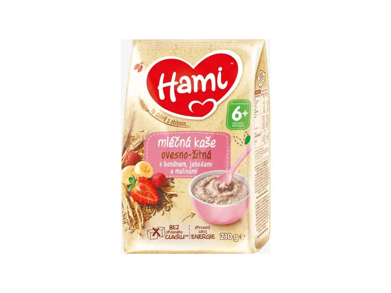 Hami mliečna kaša ovseno - ražná s banánom, jahodami a malinami (od ukonč. 6. mesiaca) 1x210 g