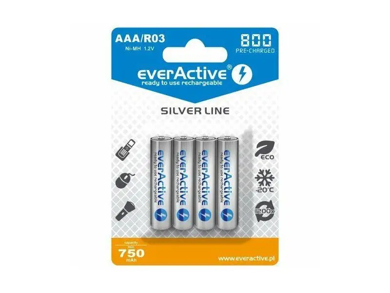 everActive SILVER LINE R03 / AAA, Nabíjateľné Ni-MH 800 mAh batérie, 4ks