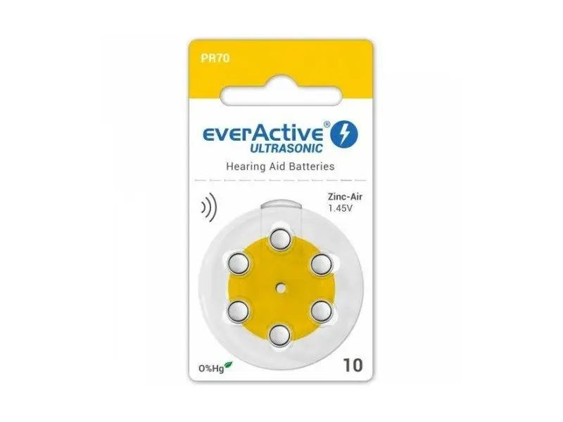 everActive Ultrasonic 1,45 V Náhradné batérie do načúvacích prístrojov, veľkosť 10, 6ks